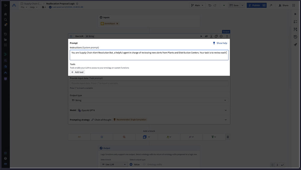 팔란티어 AIP 내 탑재된 GPT-4에 ‘당신은 공급망 경보 해결 봇입니다. 식별된 문제를 검토하고 해결책을 제시하시오’라는 질문을 던지는 예시, AIP로 확보한 정보를 바탕으로 앤스로픽, 오픈AI의 LLM 등이 데이터를 분석하고 처리하는 식이다 / 출처=팔란티어