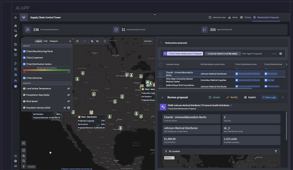 팔란티어 AIP 내 공급망 컨트롤 타워 인터페이스, 에이전트 AI를 통한 자산 자동 조율이나 실시간 의사 결정을 돕는데 폭넓게 활용된다 / 출처=팔란티어