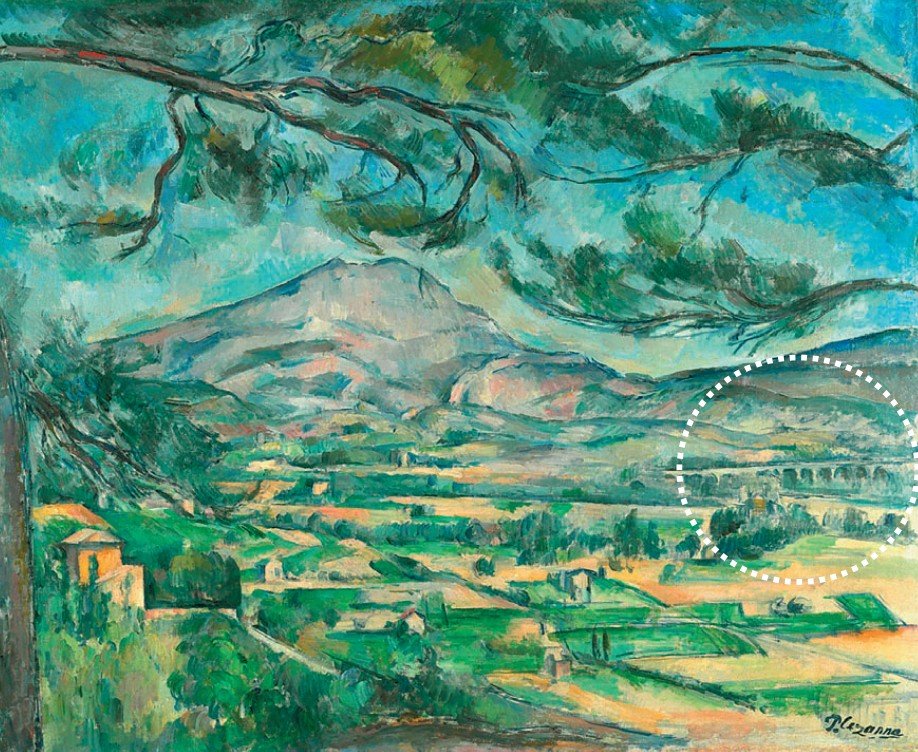 폴 세잔 ‘큰 소나무가 있는 생트빅투아르산’(1887년경). 전원 풍경 속 철도 교량 위로 기차가 지나가며 자연 속으로 스며든 산업혁명의 변화를 보여준다. 사진 출처 영국 코톨드 미술관