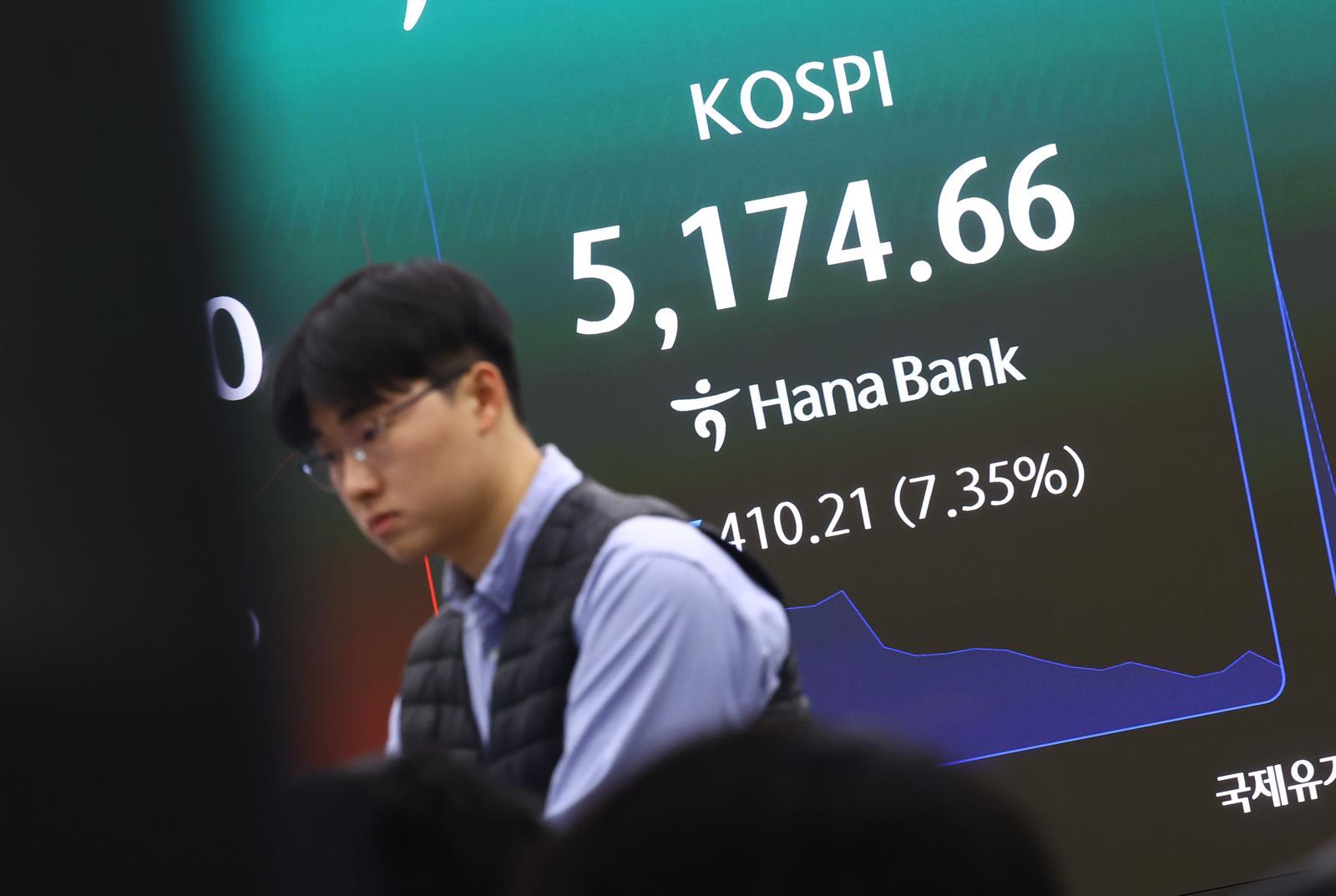 코스피가 전 거래일(5584.87)보다 319.50포인트(5.72%) 하락한 5265.37에 개장한 9일 오전 서울 중구 하나은행 딜링룸에 지수가 표시돼 있다. 2026.03.09. 뉴시스