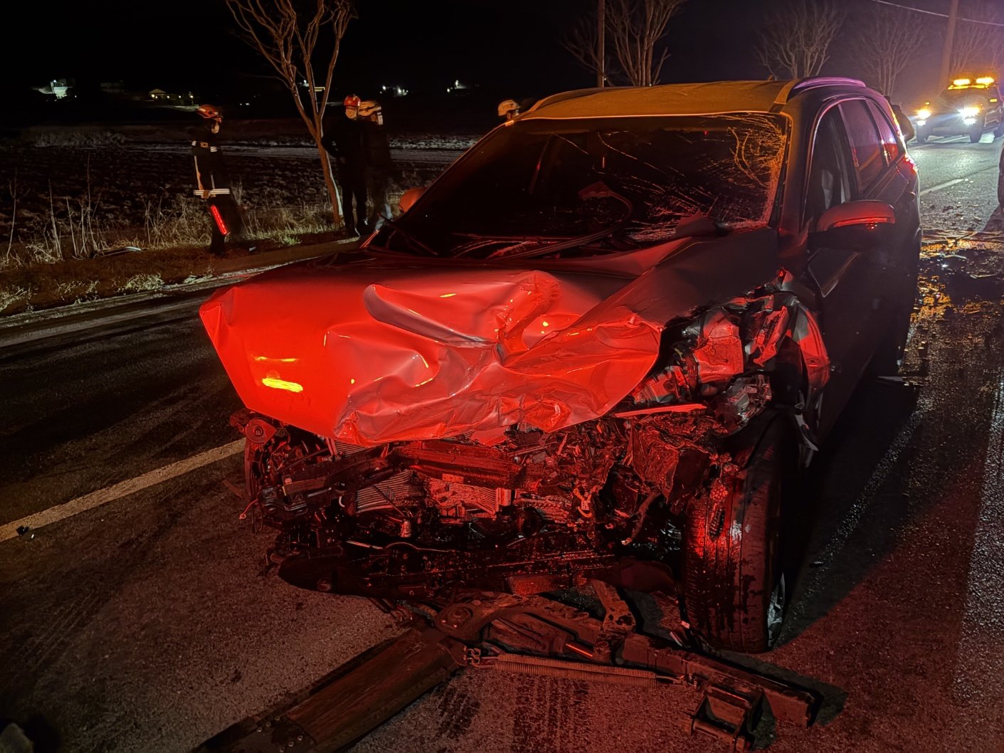 지난 8일 오후 10시57분께 충남 서산시 해미면 억대리에서 음주 역주행하던 쏘렌토 차량이 정상 주행 중이던 SUV와 정면 충돌해 앞부분이 크게 부서졌다. 서산경찰서 제공