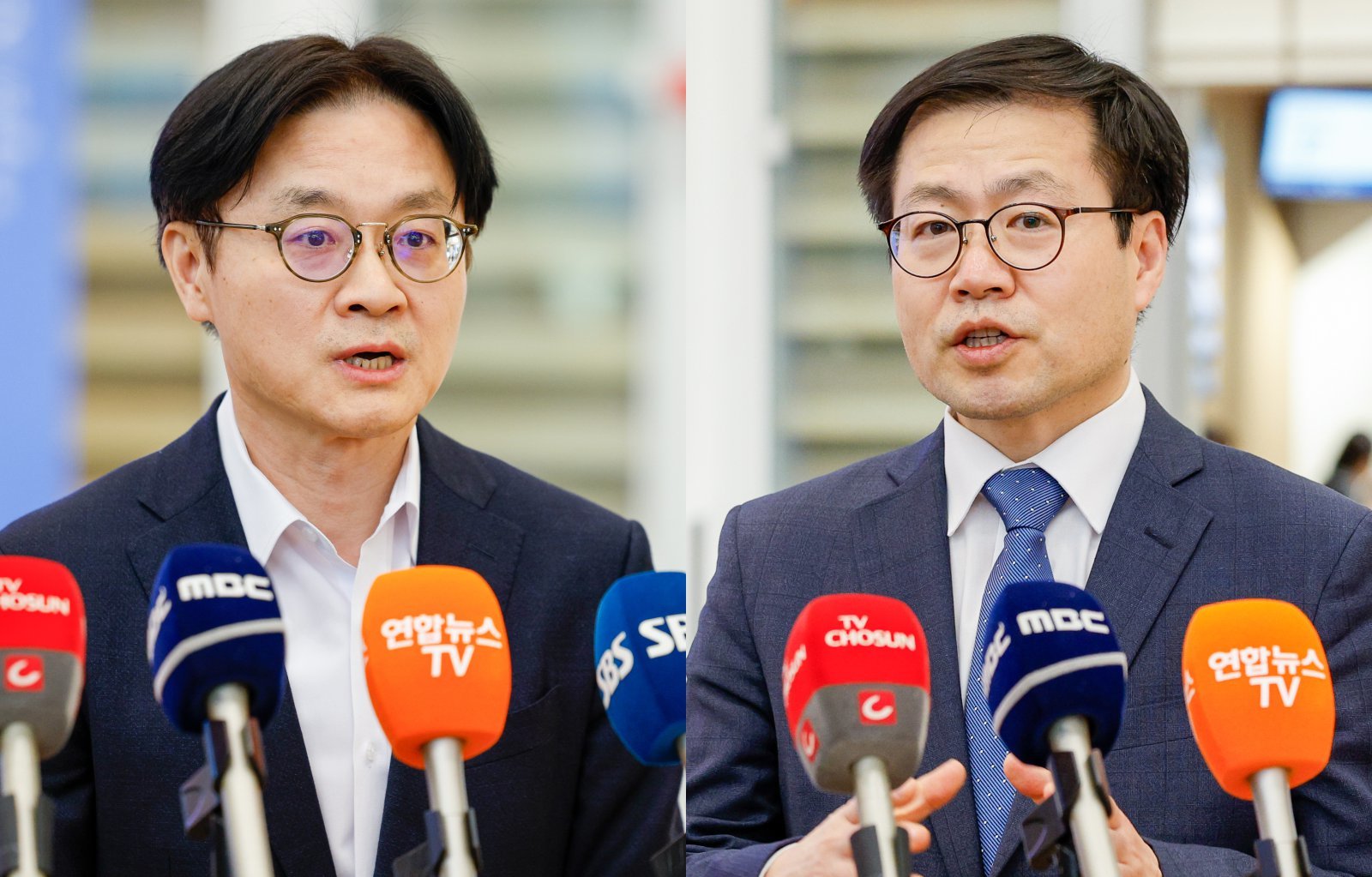 김정관 산업통상부 장관(왼쪽)과 여한구 통상교섭본부장이 대미 통상현안 협의를 마치고 8일 오후 인천국제공항 2터미널을 통해 각각 귀국, 취재진 질문에 답하고 있다. 2026.3.8. 뉴스1