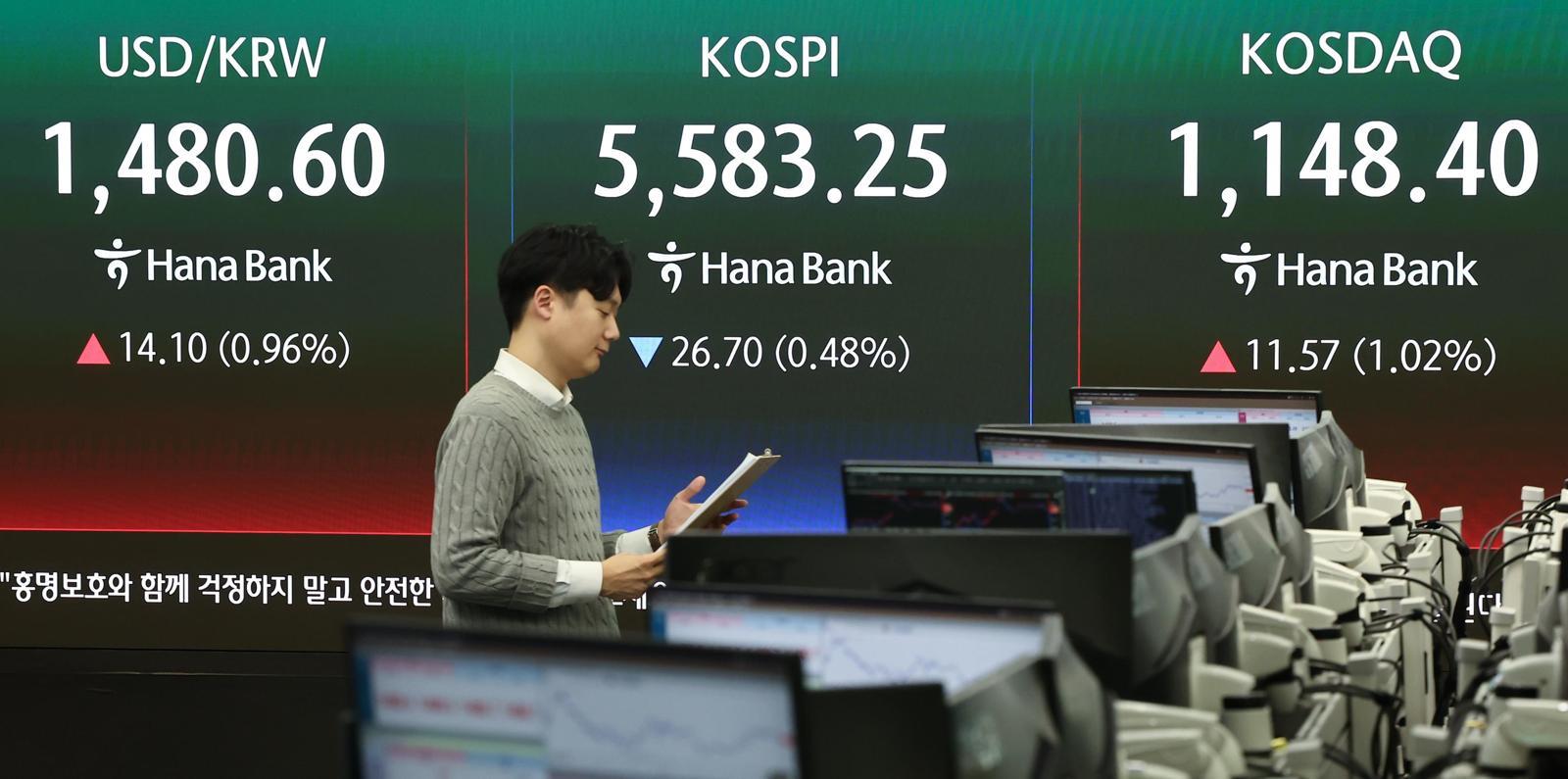 12일 서울 중구 하나은행 본점 딜링룸에 이날 코스피 종가(5,583.25)와 원-달러 환율이 표시돼 있다. 국제유가 상승의 여파로 이날 코스피는 0.48% 하락했다. 뉴스1