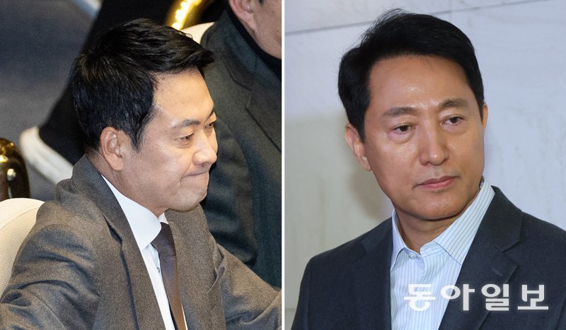 국민의힘 장동혁 대표가 12일 서울 여의도 국회에서 열린 본회의에 참석해 생각에 잠겨 있다(왼쪽 사진). 오세훈 서울시장이 이날 서울 중구의 한 호텔에서 기자들과 만나 질문을 듣고 있다. 국민의힘 공천관리위원회는 이날 6·3 지방선거 공천 신청을 추가로 받았지만 오 시장은 인적 쇄신 등을 요구하며 등록하지 않았다. 뉴스1·송은석 기자 silverstone@donga.com