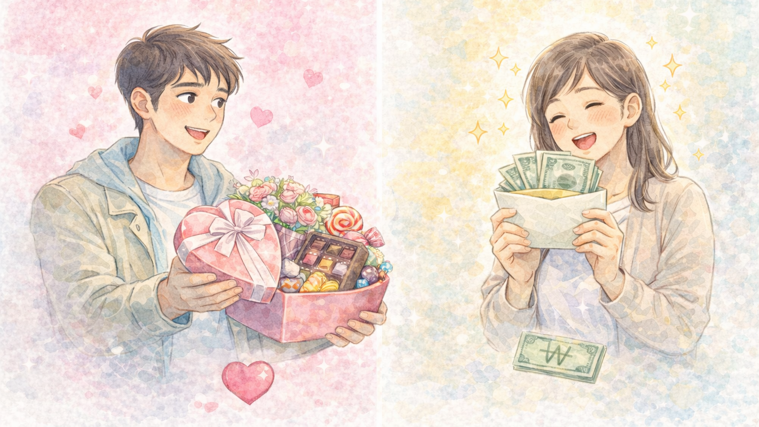 화이트데이 선물에 대해 남성은 사탕을, 여성은 현금을 선호하는 것으로 나타났다. 챗GPT 생성 이미지