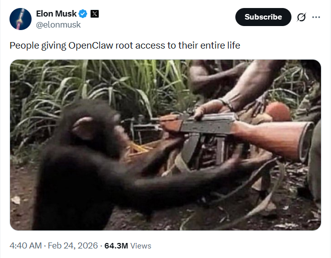 일론 머스크는 ‘사람들이 오픈클로에 자기 삶 전체에 대한 루트 액세스 권한을 넘겨주고 있다’고 경고했다. X 화면 캡처