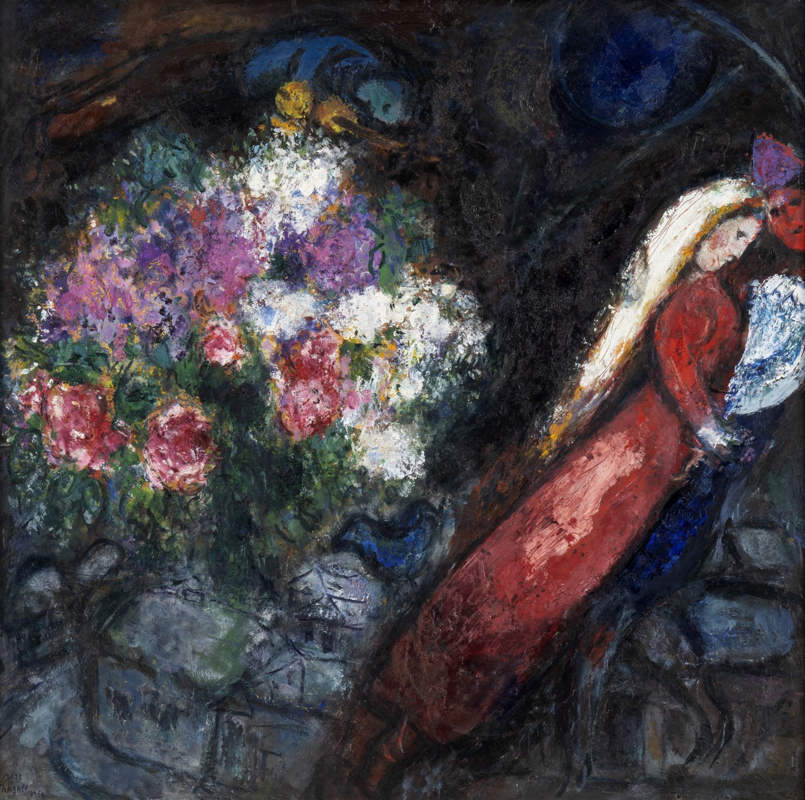마르크 샤갈 Marc Chagall 1887 - 1985 Russian/French, La Femme en Rouge/ Woman in Red, oil on cardboard, 84×84.5cm | 1956 (45~90억 원) (케이옥션 제공)
