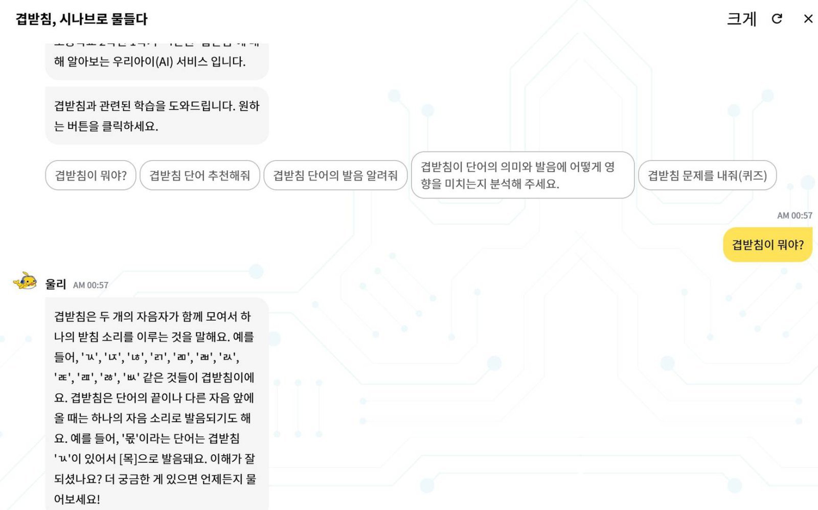 겹받침의 뜻과 예시를 설명하는 우리 아이(AI) / 출처=서비스 화면 캡처