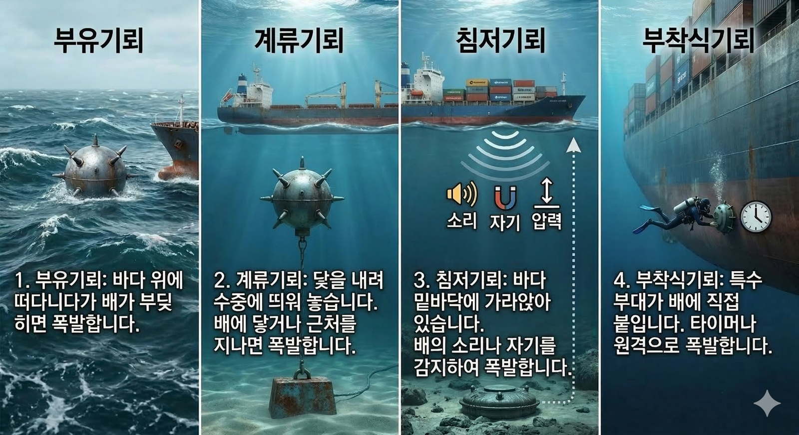 기뢰 종류에 따른 작동 방식. 구글 제미나이로 만든 이미지.