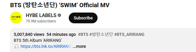 BTS ‘스윔’ 뮤비가 공개 54분 만에 500만 뷰를 넘겼다.