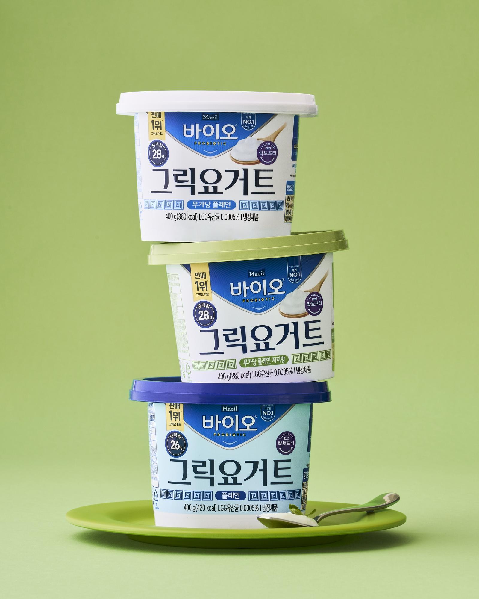 매일 바이오 플레인 제품. 맨 위부터 무가당, 저지방, 플레인. 매일유업 제공