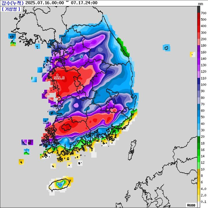 국지성 집중호우가 발생한 지난해 7월 16~17일 전국 강수량 분포도. 자료=기상청 제공