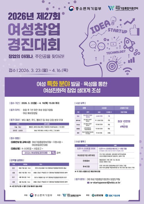 총상금 1억 1000만 원 규모  ‘제27회 여성창업경진대회’  내달 16일까지 참가 접수