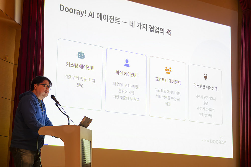 신동민 NHN두레이 CTO가 NHN두레이 내 탑재된 네 가지의 AI 에이전트 개념에 대해 소개 중이다 / 출처=IT동아
