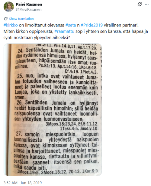 래세낸 의원이 2019년 공유한 글. “핀란드 루터교회가 성소수자 단체(Seta)의 ‘프라이드 2019’ 공식 파트너임을 선언했습니다. 성경을 교리의 토대로 삼는 교회가, 어떻게 수치와 죄를 자부심의 대상으로 치켜세우는 일에 동참할 수 있습니까?”는 내용의 글이 사진과 함께 올라와 있다. 엑스 갈무리