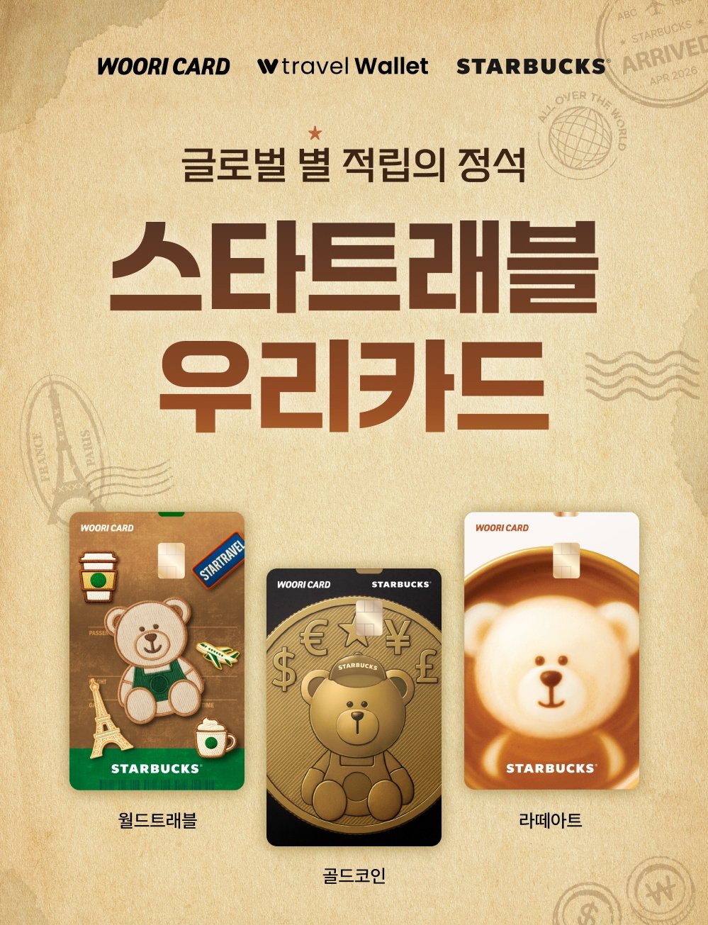 스타벅스 별 적립 혜택을 담은 우리카드의 ‘스타트래블 카드’. 우리카드 제공