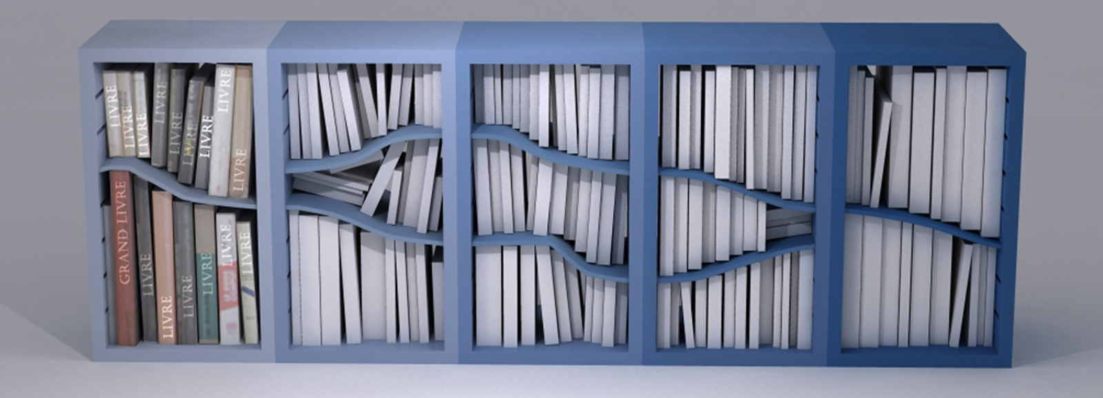 책의 크기에 관계 없이 빈 공간이 남지 않는 유연한 책장. 선반을 고무로 만들었다. 백희성 대표가 큰 책 한 권 때문에 책장의 책 배열이 우스꽝스러워져 속상했을 때 “수평 선반이 휘어지면 안 되겠니”라고 쓴 기록에서 아이디어를 얻어 만들었다.    교보문고 제공