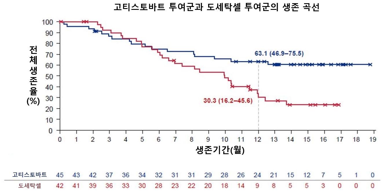 치료 시작 6개월 시점부터 생존 곡선이 확연히 벌어지며, 12개월 시점에서는 고티스토바트군이 도세탁셀군보다 두배 높은 생존율을 보여준다. 세브란스병원 제공