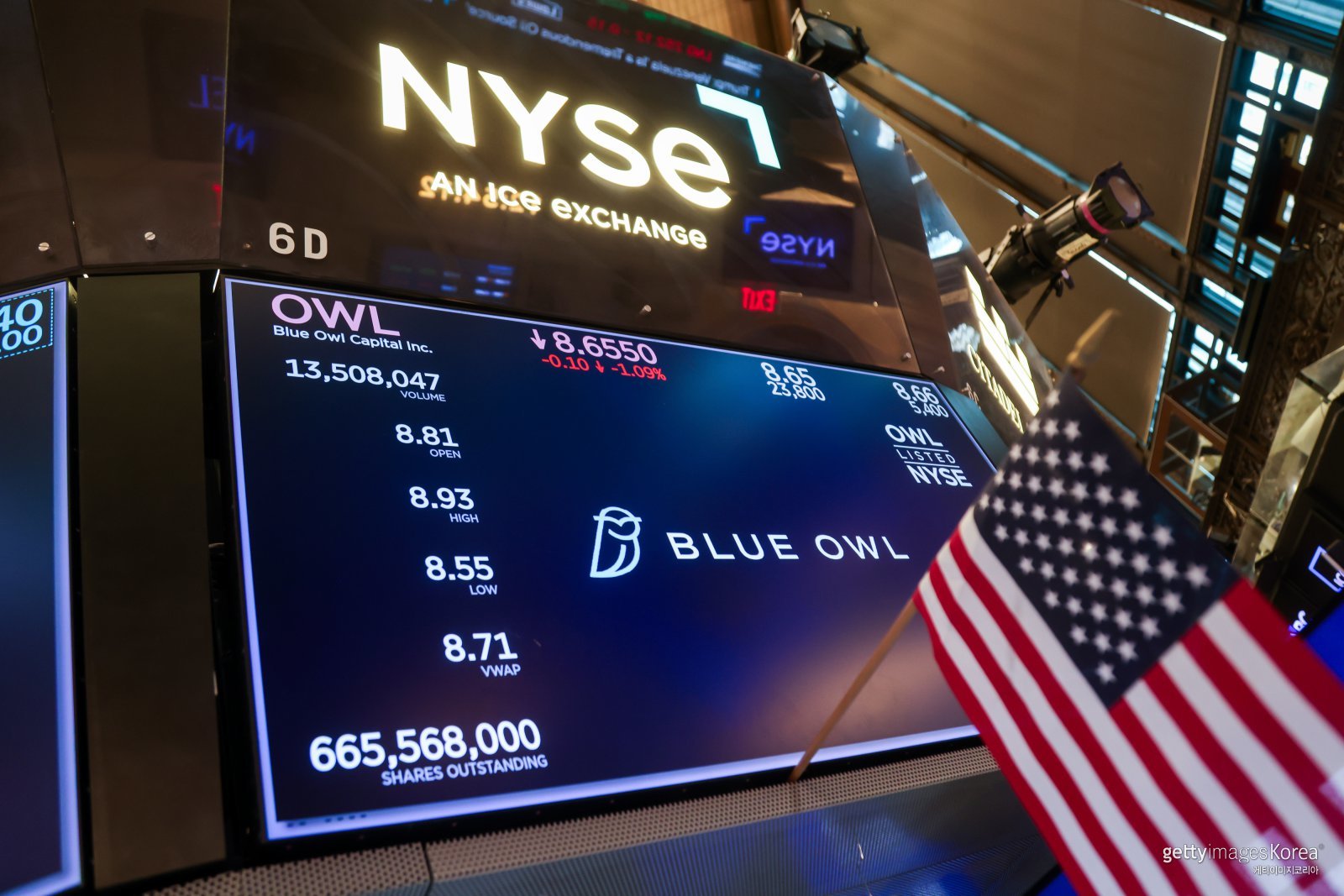 미국 뉴욕증권거래소(NYSE)에 표시된 블루아울캐피털(Blue Owl Capital) 전광판. 최근 사모대출 시장에서 대규모 환매 요청이 발생하며 자금 이탈 우려가 커지고 있다.
