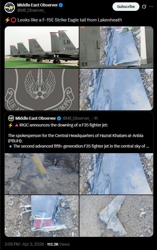이란 반관영 메흐르통신은 3일(현지 시간) 이란 중부 지역 상공에서 미군 F-35 전투기를 격추했다는 이란 혁명수비대(IRGC) 산하 군사작전 지휘부 ‘하탐 알안비야’의 발표를 보도했다. 다른 중동 매체는 해당 잔해가 F-35 파편이 아닌 F-15 꼬리 날개 쪽 파편으로 추정된다고 전했다.