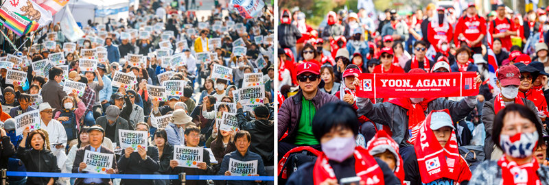 “내란 청산” 윤석열 전 대통령이 탄핵당한 지 1년이 된 4일 헌법재판소 인근인 서울 종로구 안국역 앞에서 ‘내란 청산’ 집회가 열려 참석자들이 ‘내란외환 청산하자’ 등이 적힌 손팻말을 들고 “내란범 끝장” 등 구호를 외치고 있다(왼쪽사진). “尹 어게인” 4일 서울 종로구 안국역 인근에서 윤석열 전 대통령 지지자들이 “윤 (전 대통령) 어게인” 등 구호를 외치고 있다.(오른쪽사진) 이 집회는 진보 단체의 ‘내란 청산’ 집회와는 약 300m 떨어진 곳에서 열려 양쪽 간 충돌은 일어나지 않았다. 뉴시스