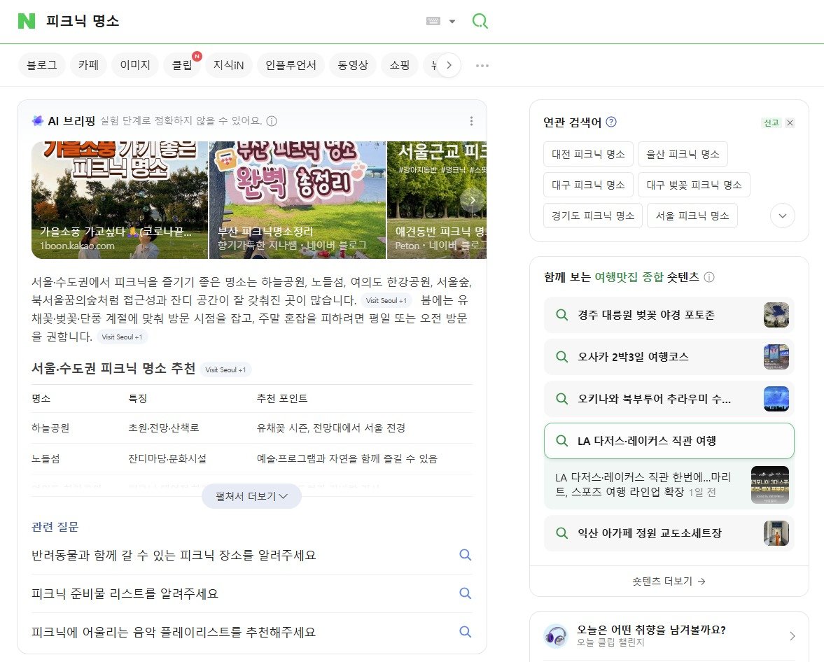 네이버 검색 결과 하단에 표시된 AI 기반 검색 서비스 ‘AI 브리핑’ (네이버 통합검색 화면 갈무리)