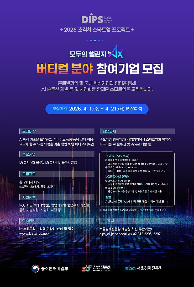 SBA, 초격차 스타트업 프로젝트 ‘모두의 챌린지 AX - 버티컬 분야’ 참여기업 모집
