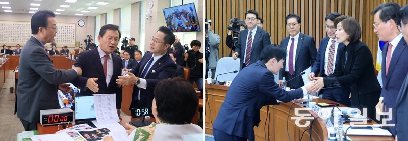 7일 국회에서 열린 ‘윤석열 정권 정치검찰 조작기소 의혹 사건 진상규명 국정조사’ 전체회의에서 야당 간사인 국민의힘 김형동 의원(왼쪽 사진 가운데)이 더불어민주당 소속 서영교 특위 위원장에게 항의하고 있다. 국민의힘 곽규택 의원(왼쪽 사진 왼쪽)과 민주당 박성준 의원이 김 의원을 말리고 있다. 오른쪽 사진은 국민의힘이 이날 별도로 연 ‘민주당의 공소취소·재판조작 진상규명 청문회’에서 나경원 의원(오른쪽)과 박상용 검사가 악수를 하는 모습. 장승윤 기자 tomato99@donga.com
