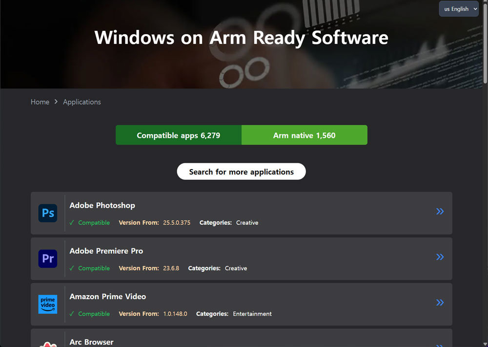 Arm 기반 윈도우 PC 환경에서의 소프트웨어 호환성을 확인할 수 있는 ‘Windows on Arm Ready Software‘ 사이트 / 출처=IT동아