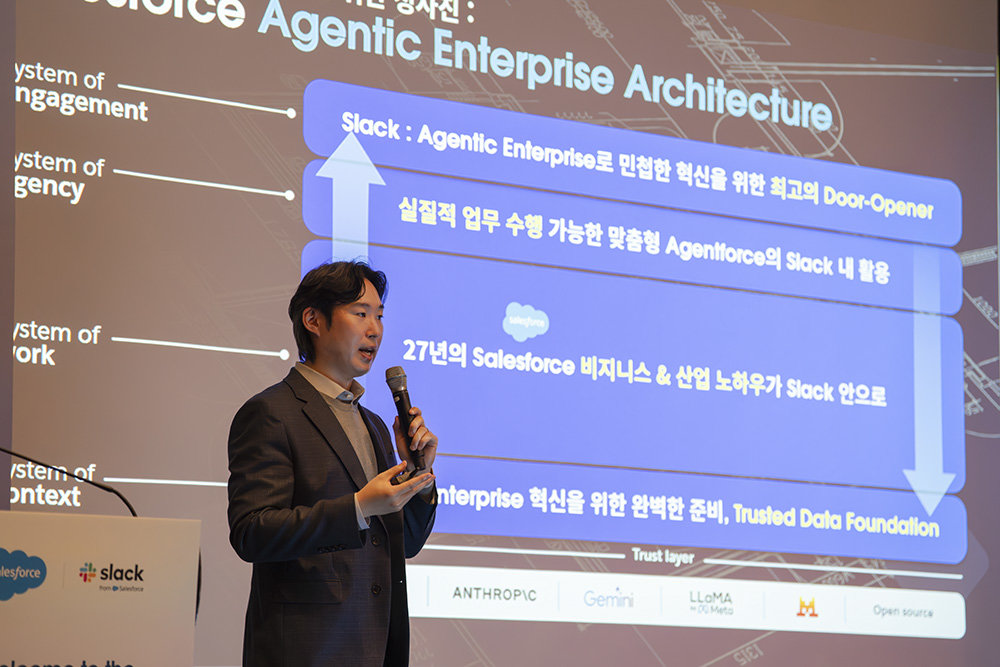 김근명 세일즈포스 코리아 엔터프라이즈 아키텍트가 세일즈포스의 기술 청사진을 소개 중이다 / 출처=IT동아