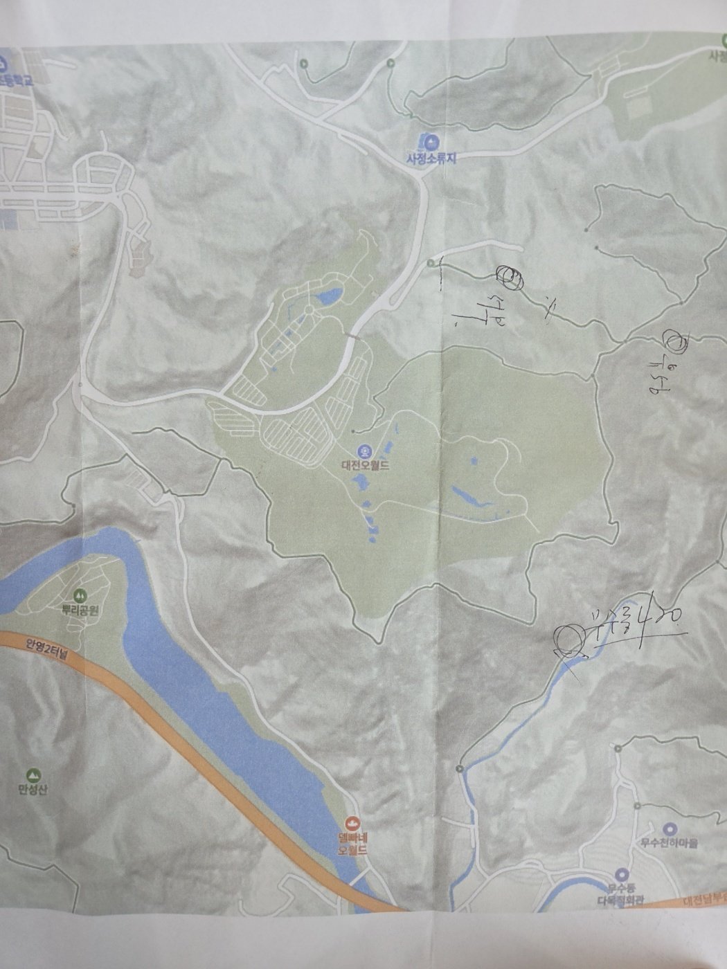 대전 오월드 인근 지도. 늑구는 오월드와 뿌리공원 사이 보문산 자락을 맴도는 것으로 추정된다. 대전소방본부 제공