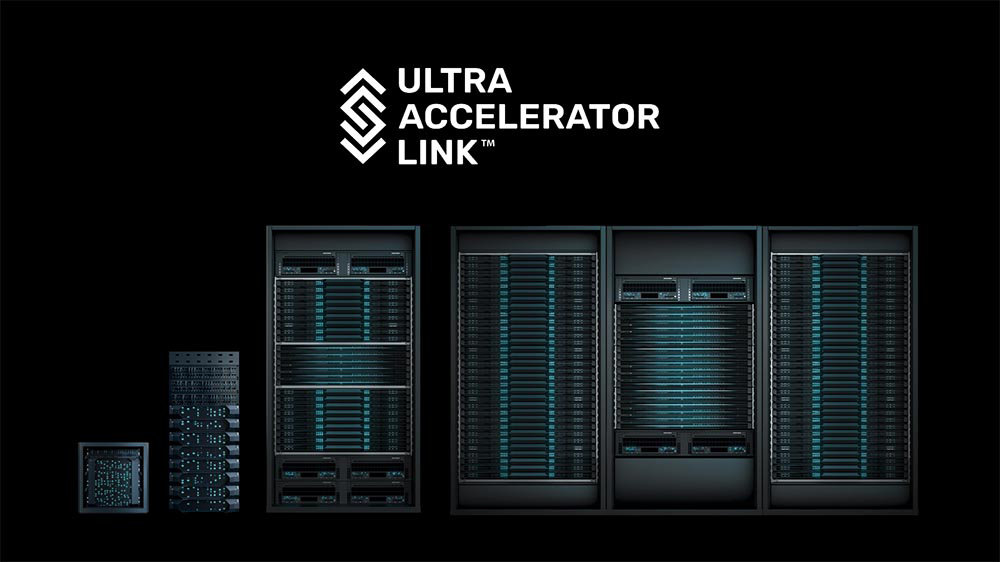 AMD 어드밴싱 AI 2025에서 공개된 ‘헬리오스’ 서버 랙, AMD는 UA링크를 기반으로 인스팅트 MI 시리즈 가속기를 연결하고 있다 / 출처=AMD