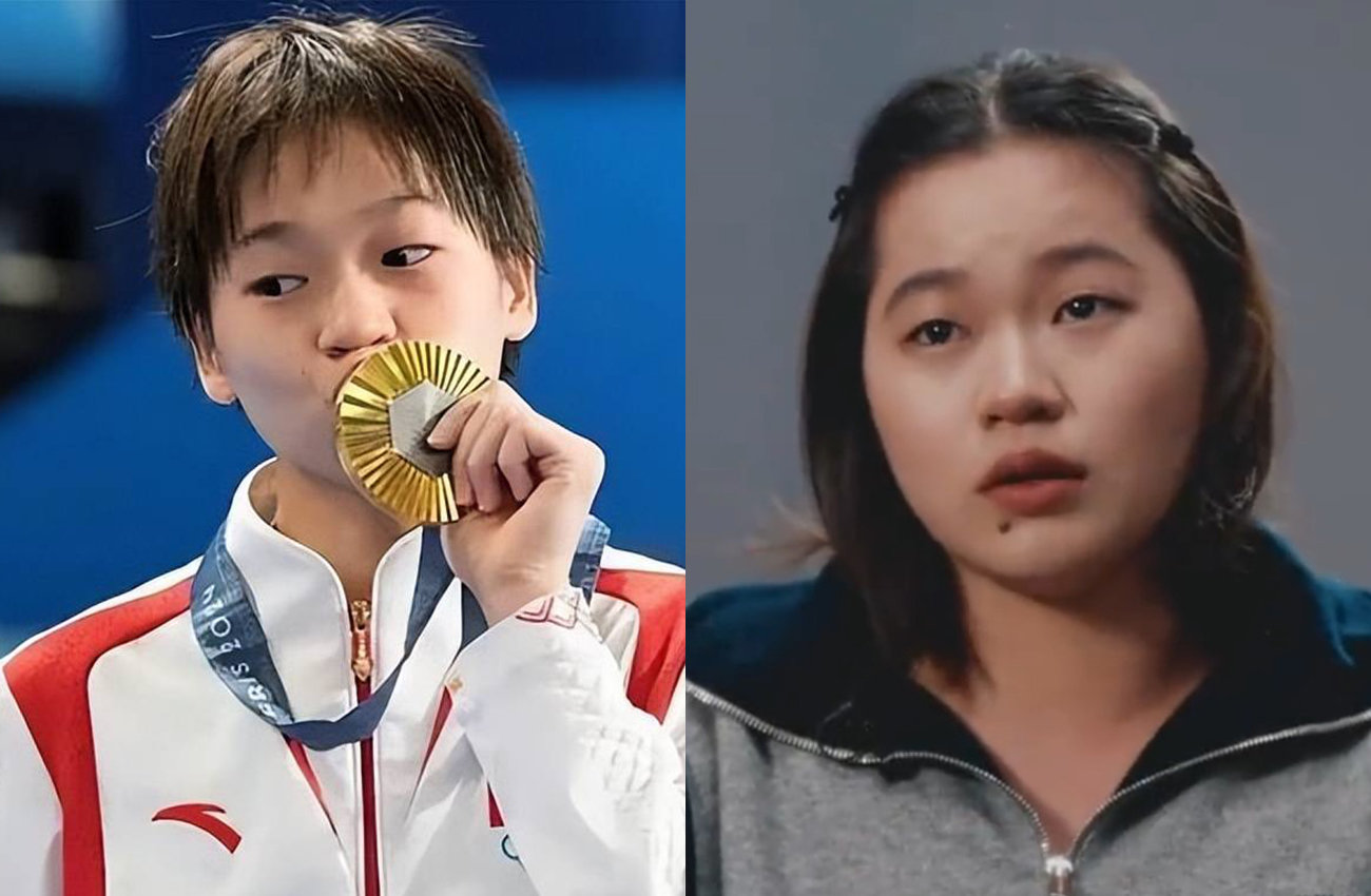 중국의 최연소 금메달리스트인 취안훙찬이 2024년 파리 올림픽에서 다이빙 종목 금메달을 획득한 뒤 포즈를 취하고 있는 모습. (왼쪽) / 취안훙찬은 최근 공개된 인터뷰 영상에서 “나와 가족, 친구들에게 대한 공격을 멈춰달라”며 눈물을 흘리고 있다. (오른쪽)
출처 : 바이두 캡처