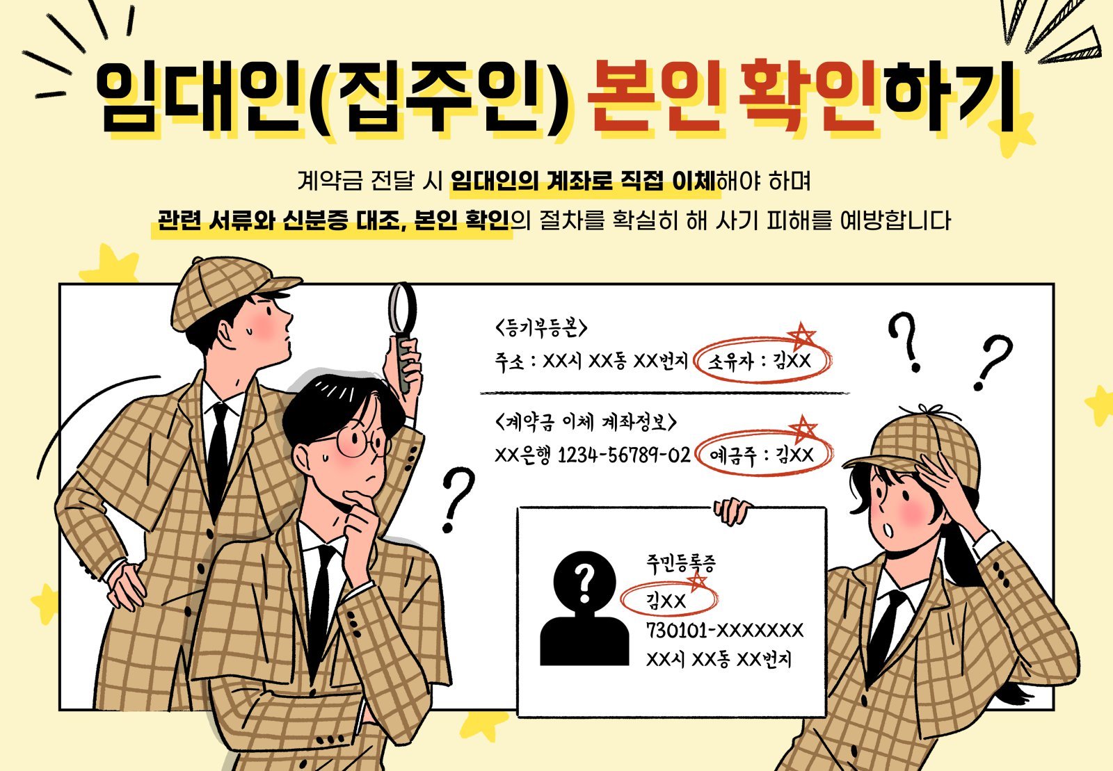 부동산 계약 과정에서 임대인 신원과 계좌 정보를 확인하는 중요성을 설명한 이미지. 등기부등본과 신분증 대조 등 ‘집주인 본인 확인’ 절차가 월세 사기 예방의 핵심이라는 점을 시각적으로 표현했다. 게티이미지뱅크