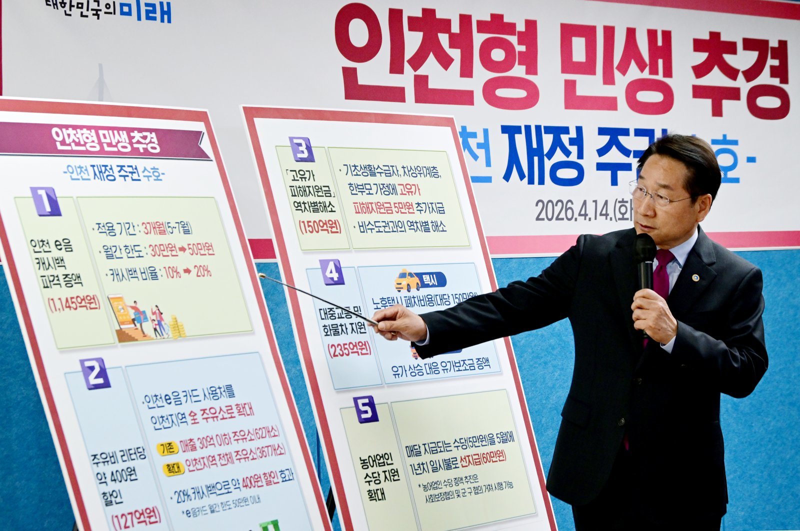 14일 인천 남동구 인천시청 브리핑룸에서 유정복 인천시장이 ‘인천형 민생안전 추가경정예산안’을 발표하고 있다. 인천시 제공