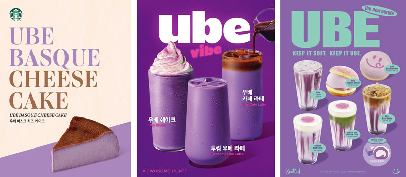최근 국내 커피 프랜차이즈 브랜드들이 우베를 활용한 보랏빛 디저트와 음료를 잇달아 선보이고 있다. 왼쪽부터 스타벅스의 ‘우베 바스크 치즈케이크’, 투썸플레이스의 우베 음료 3종, 노티드의 우베 신메뉴 6종. 각 사 제공
