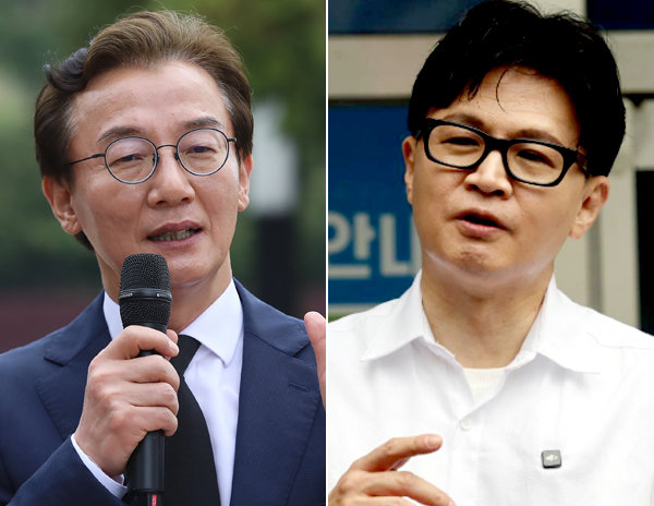 더불어민주당 부산시장 후보 전재수 의원(왼쪽)과 전 의원의 지역구인 부산 북갑 국회의원 재보궐선거에 출마하는 국민의힘 한동훈 전 대표. 뉴시스·뉴스1