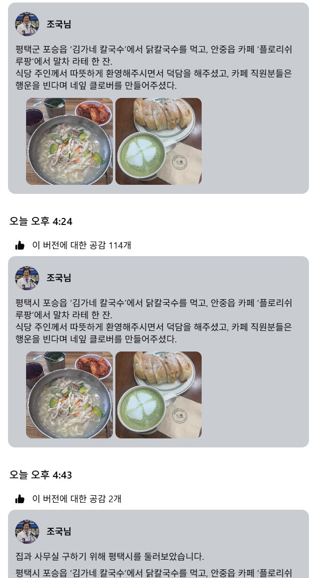 조국혁신당 조국 대표의 게시글 수정 내역. 페이스북
