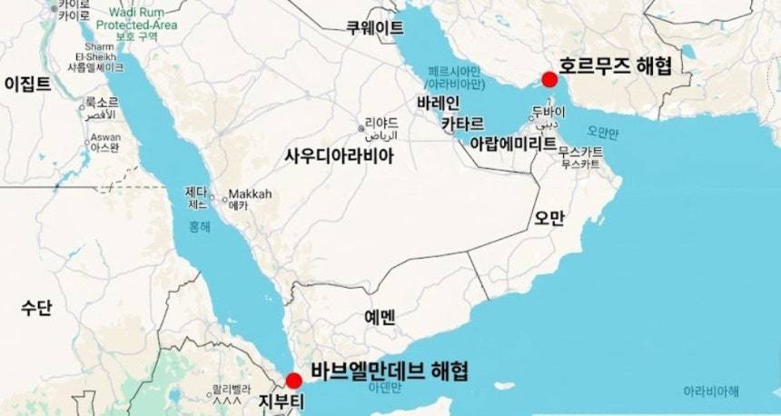 홍해와 호르무즈 해협 등이 표기된 관련 지도. 뉴시스