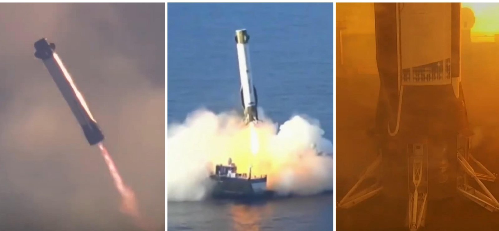 제프 베이조스가 이끄는 우주기업 블루오리진이 19일(현지 시간) 대형 발사체 ‘뉴글렌’ 3호기 1단 부스터를 대서양 해상 무인 바지선 ‘재클린’으로 회수한 모습. 왼쪽 사진부터 대기권 재진입 직후 역추진 엔진 분사, 바지선 상공 접근, 착륙 완료 장면으로 발사 9분 30여 초 만에 마무리됐다. 궤도급 대형 로켓 재사용에 성공한 민간 기업은 스페이스X(팰컨9)에 이어 블루오리진이 두 번째다. 블루오리진 X 영상 캡처