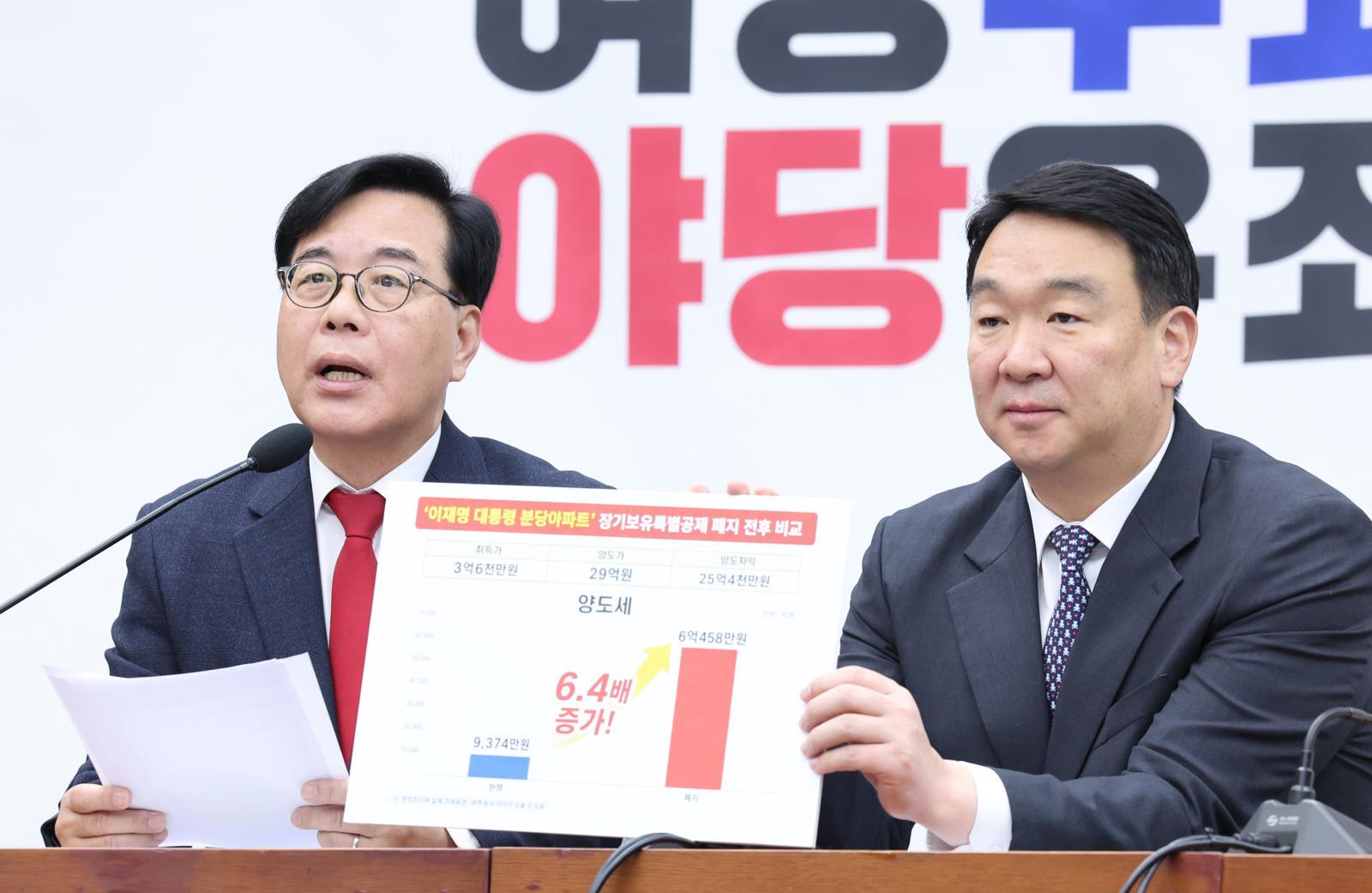 송언석 국민의힘 원내대표가 21일 서울 여의도 국회에서 열린 원내대책회의에서 발언하고 있다. 뉴스1