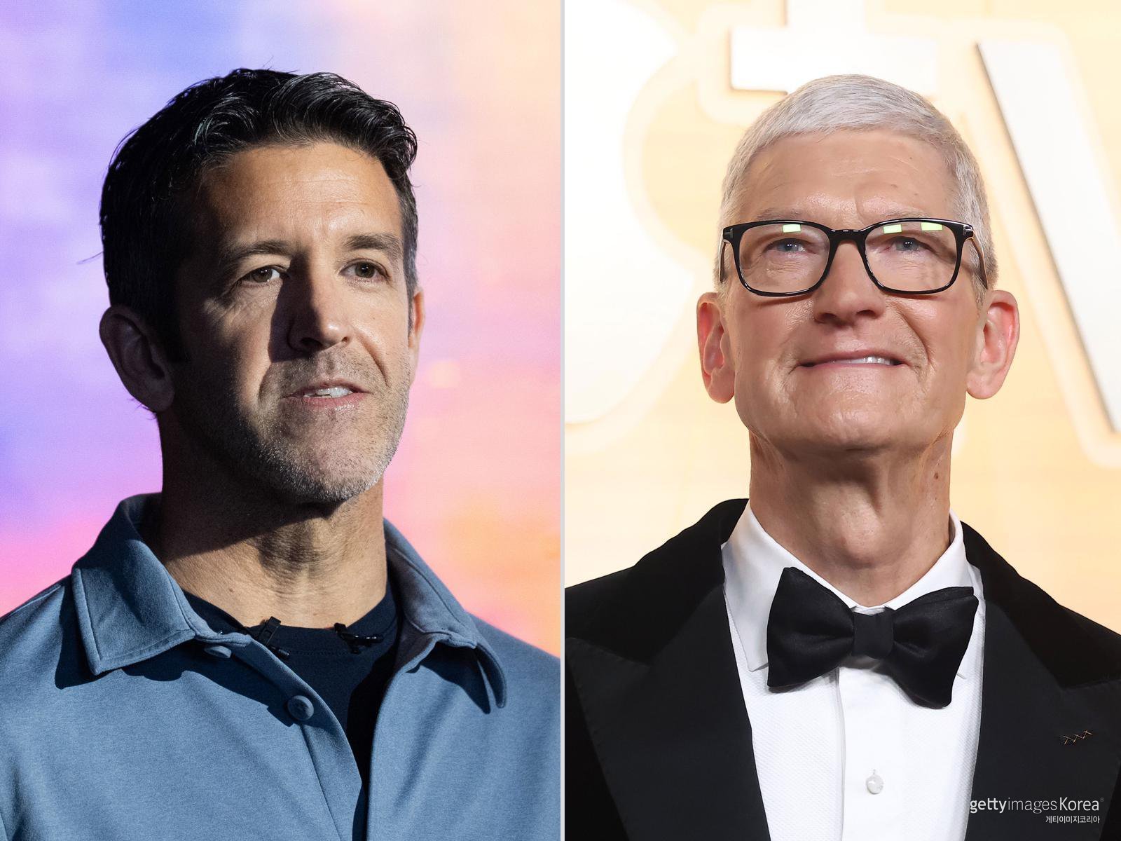 존 터너스(왼쪽)와 팀 쿡 애플 CEO. 애플은 15년 만의 리더십 교체를 통해 터너스 체제로 전환한다. Getty Images