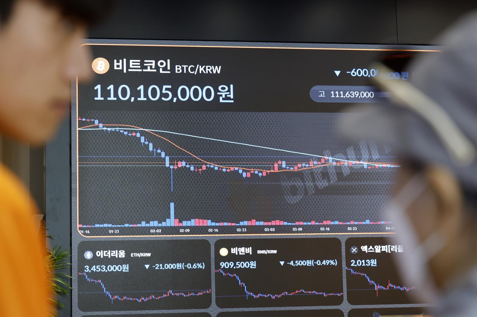 지난 15일 오후 서울 강남구 빗썸 고객센터 전광판에 가상자산 시세가 나오고 있다. 2026.4.15 뉴스1
