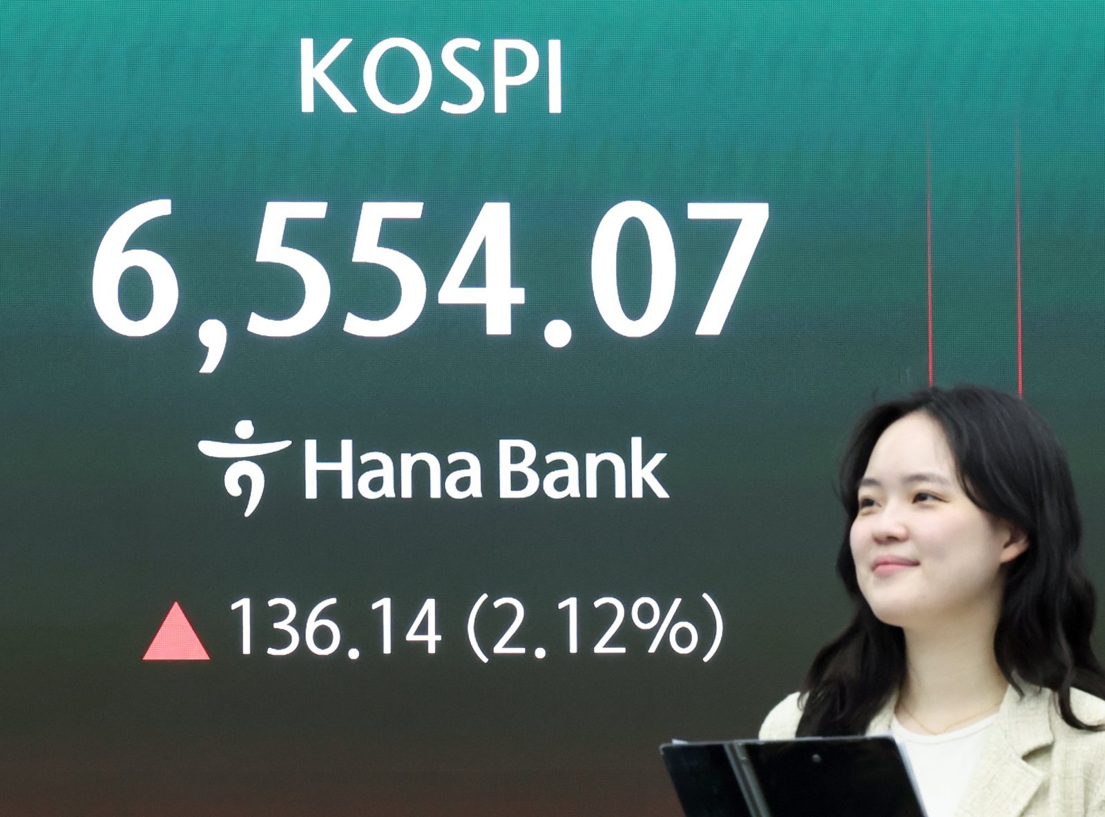 코스피가 장중 6500선을 넘은 23일 오전 서울 중구 하나은행 딜링룸 전광판에 코스피 지수가 표시되고 있다. 이날 코스피는 전 거래일 대비 70.90포인트(1.10%) 상승한 6488.83에 개장했다. 2026.4.23 뉴스1