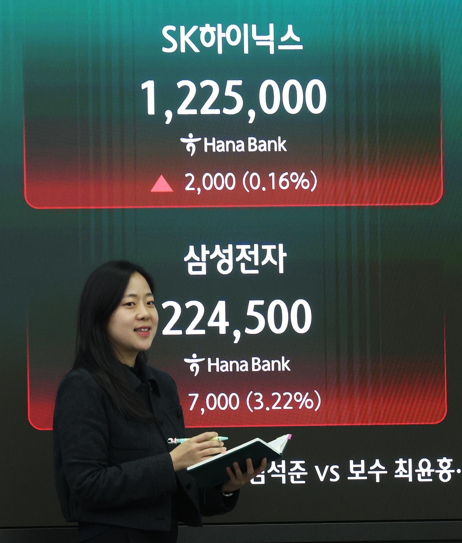코스피가 종가 기준 사상 최고치를 경신한 23일 오후 서울 중구 하나은행 딜링룸 전광판에 삼성전자와 SK하이닉스 종가가 표시되고 있다.  이날 코스피는 전 거래일 대비 57.88포인트(0.90%) 상승한 6475.81, 코스닥은 6.81포인트(0.58%) 하락한 1174.31로 장을 마쳤다.  2026.4.23 서울=뉴스1