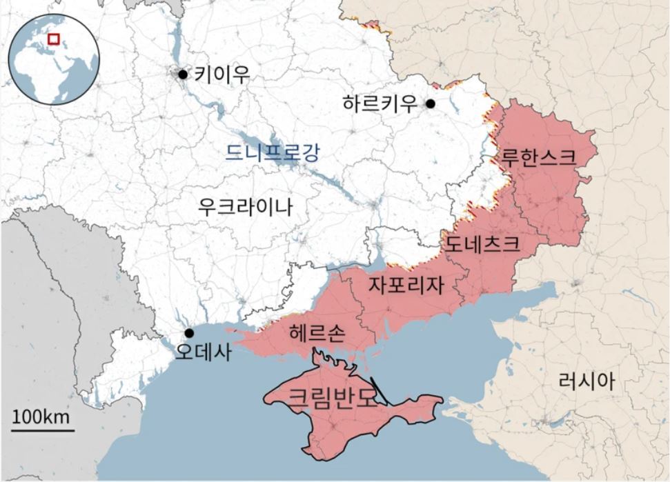 우크라이나 전쟁 현황 지도. 핑크색이 러시아가 장악한 지역이다. 출처: 미국 전쟁연구소(ISW)