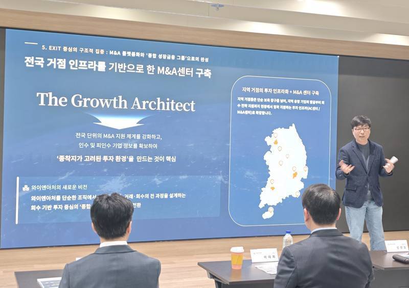와이앤아처그룹 출범식에서 신진오 대표가 전국 거점 M&A 센터에 대해 소개하고 있다 / 출처=IT동아