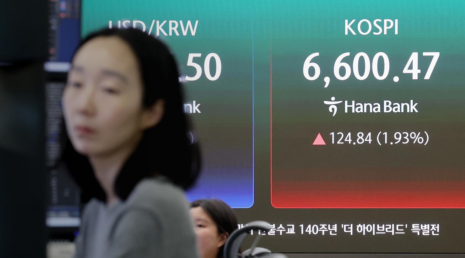코스피 지수가 장 초반 연이어 사상 최고치를 갈아치우며 강세 흐름을 이어간 27일 오전 서울 중구 하나은행 딜링룸 전광판에 시황이 표시되고 있다. 이날 코스피는 전 거래일 대비 57.97포인트(0.90%) 오른 6533.6에, 코스닥은 9.29포인트(0.77%) 상승한 1213.13로 개장했다. 2026.4.27. 뉴스1