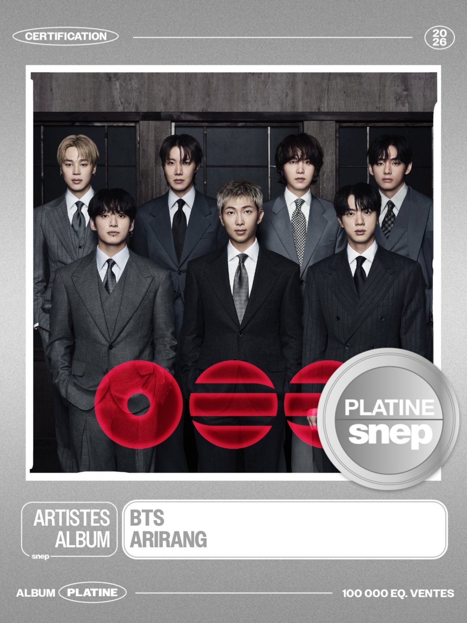 프랑스음반협회(SNEP)에서 ‘플래티넘’ 인증을 받은 방탄소년단(BTS)의 정규 5집 ‘아리랑(ARIRANG)’. SNEP 제공