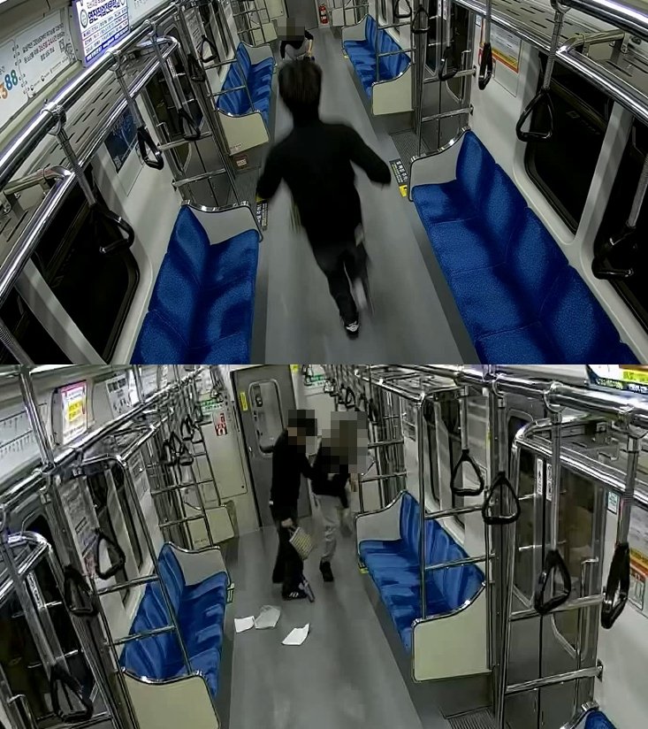 A 씨가 달려와 방화 시도를 막고 있다. 대구교통공사 제공